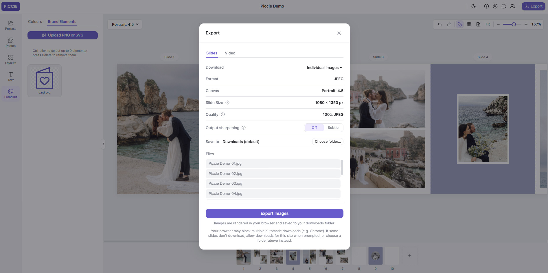 Exporting Instagram carousel slides as JPEG images using Piccie on desktop