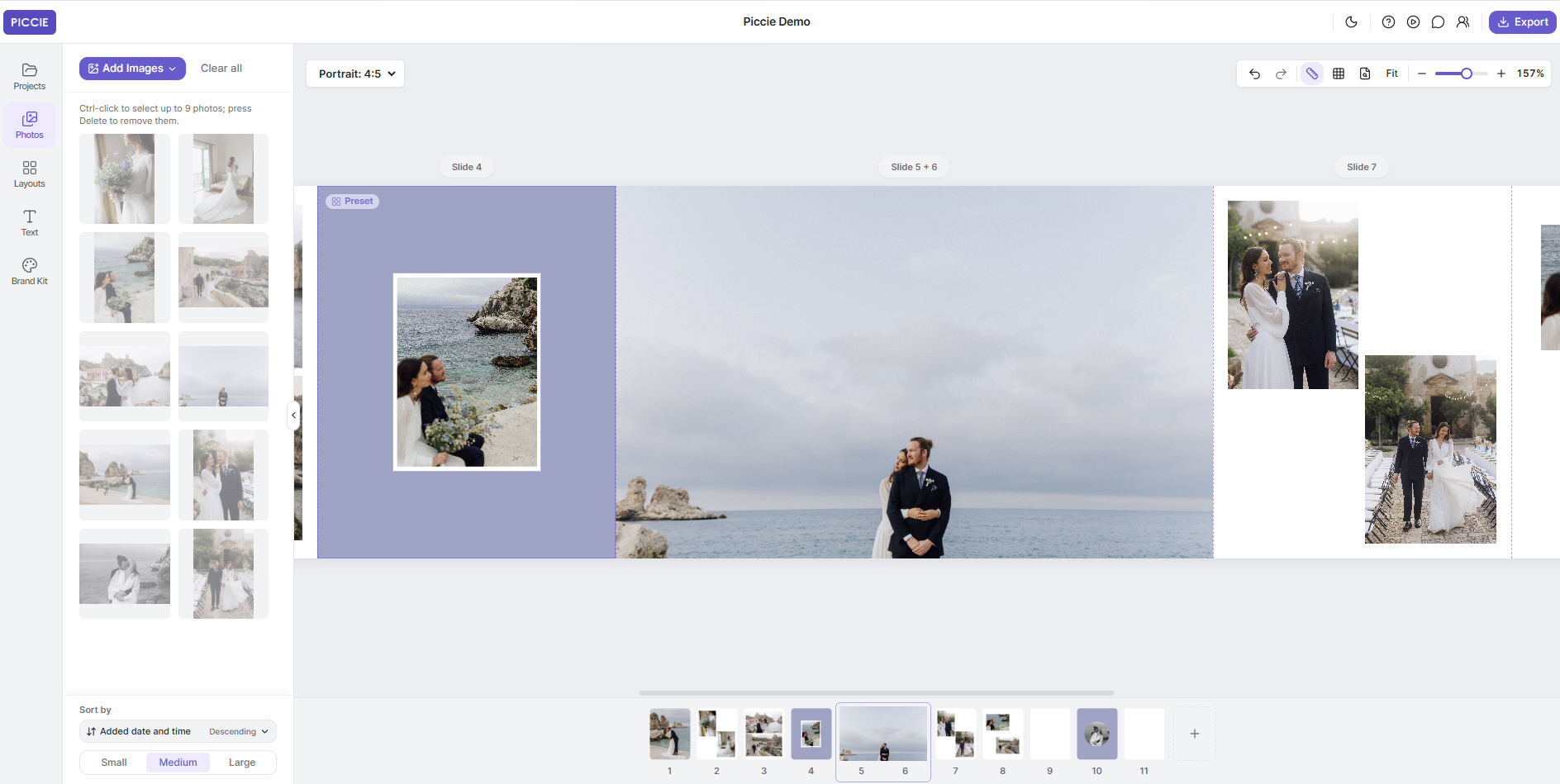 Piccie desktop Instagram carousel maker showing wedding photographs and editing tools